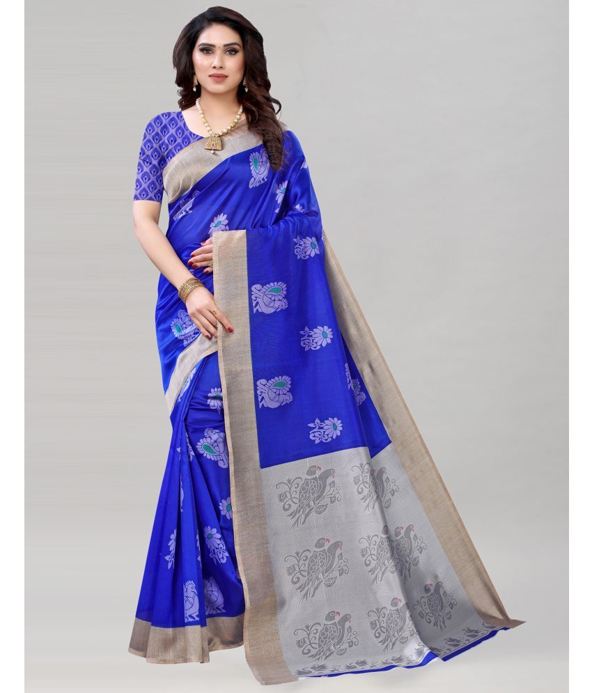     			Samah Silk Printed Saree With Blouse Piece - Blue ( Pack of 1 )