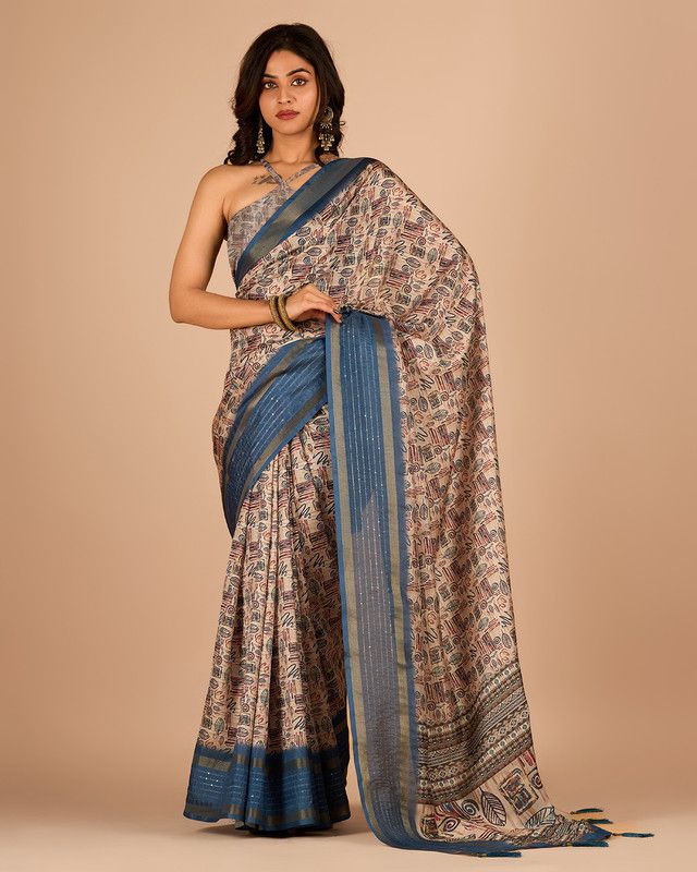     			Sanjana Silks Cotton Blend Printed Saree With Blouse Piece - Blue ( Pack of 1 )
