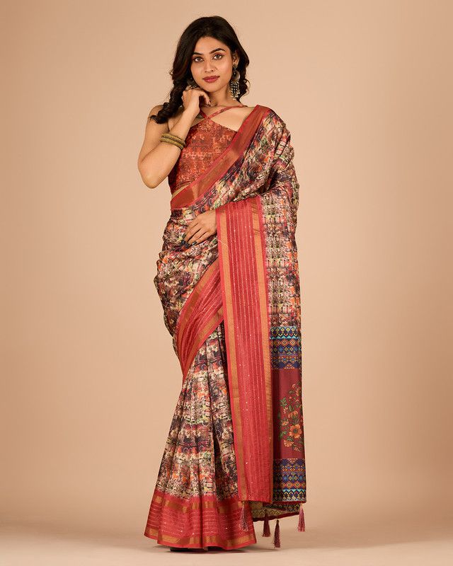    			Sanjana Silks Cotton Blend Printed Saree With Blouse Piece - Peach ( Pack of 1 )