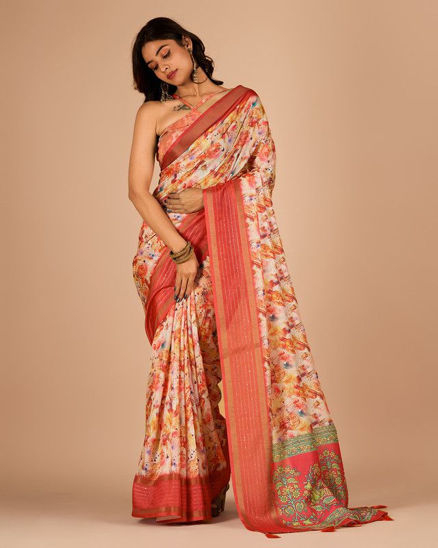     			Sitanjali Lifestyle Cotton Blend Printed Saree With Blouse Piece - Orange ( Pack of 1 )
