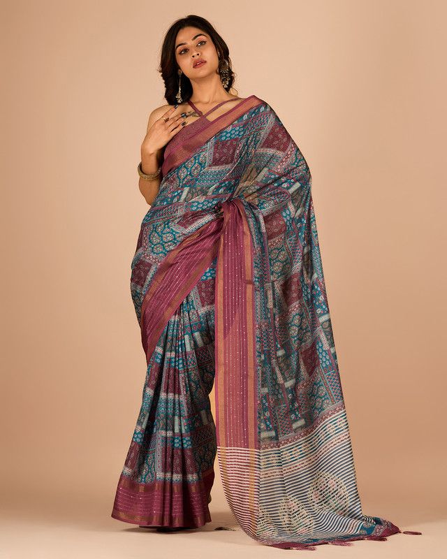     			Sitanjali Lifestyle Cotton Blend Printed Saree With Blouse Piece - Rama ( Pack of 1 )