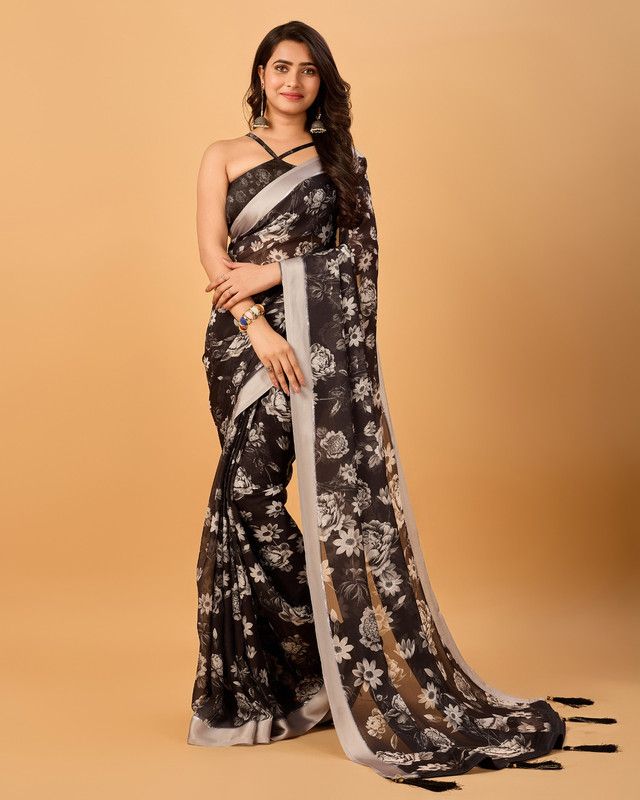     			Sitanjali Lifestyle Organza Printed Saree With Blouse Piece - Black ( Pack of 1 )