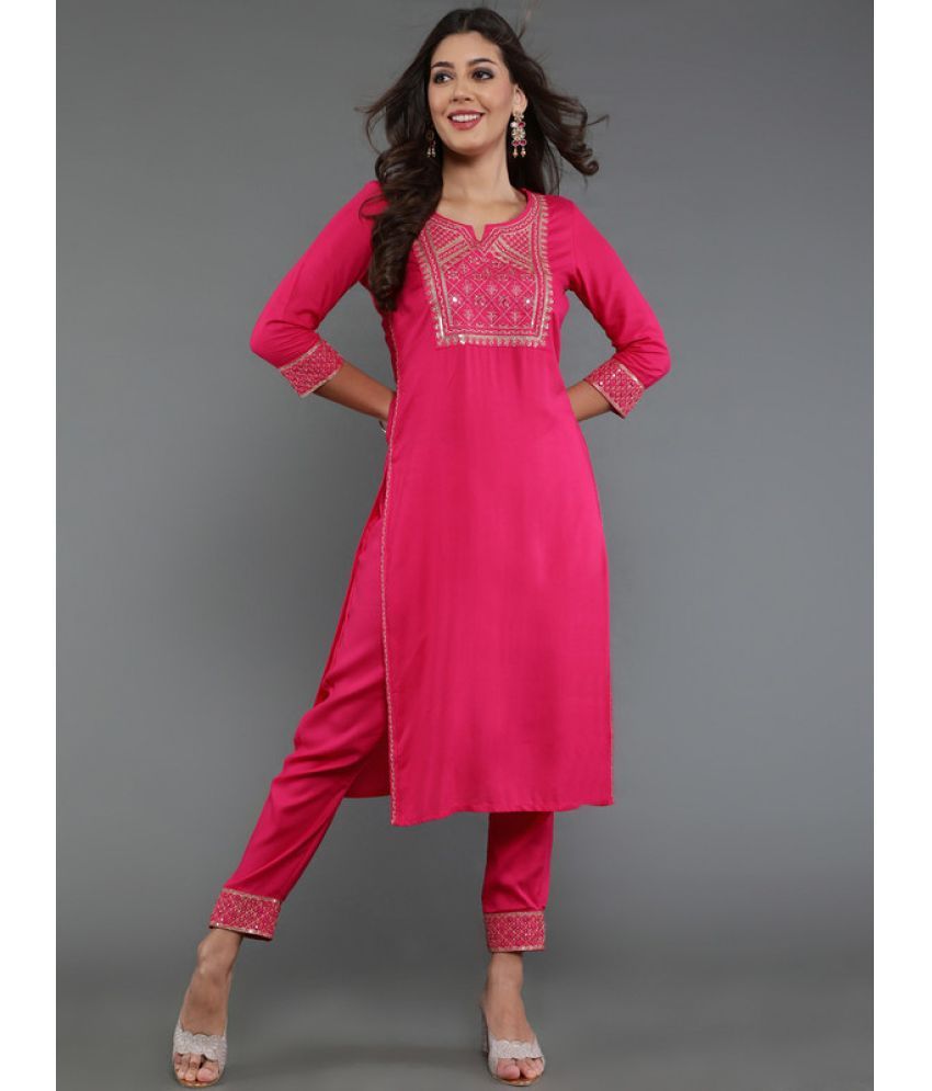     			Antaran Cotton Embroidered Kurti With Pants Women's Stitched Salwar Suit - Pink ( Pack of 1 )