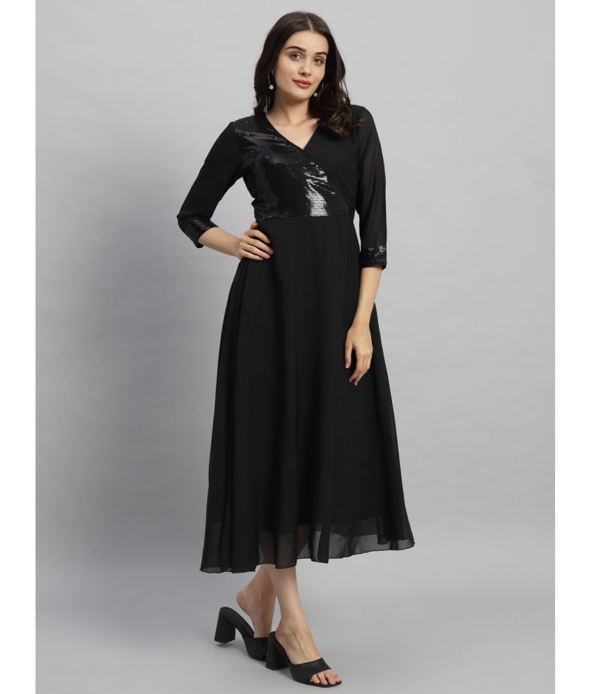     			Curvydrobe Georgette Embellished Midi Women's Fit & Flare Dress - Black ( Pack of 1 )