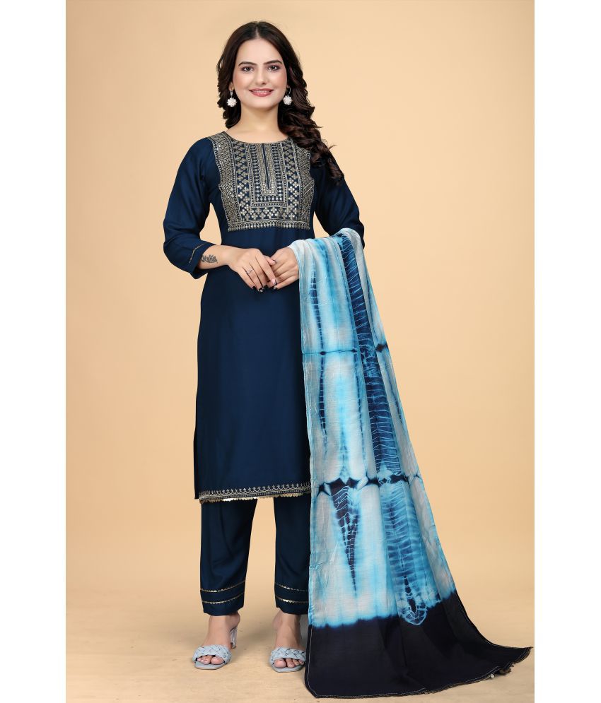     			Kandora Rayon Embroidered Kurti With Pants Women's Stitched Salwar Suit - Blue ( Pack of 1 )