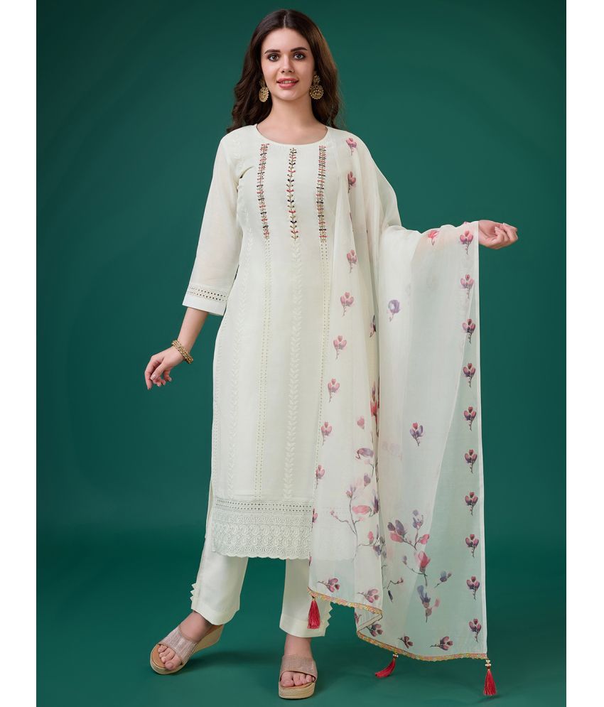     			MOJILAA Chanderi Embroidered Kurti With Pants Women's Stitched Salwar Suit - Off White ( Pack of 1 )