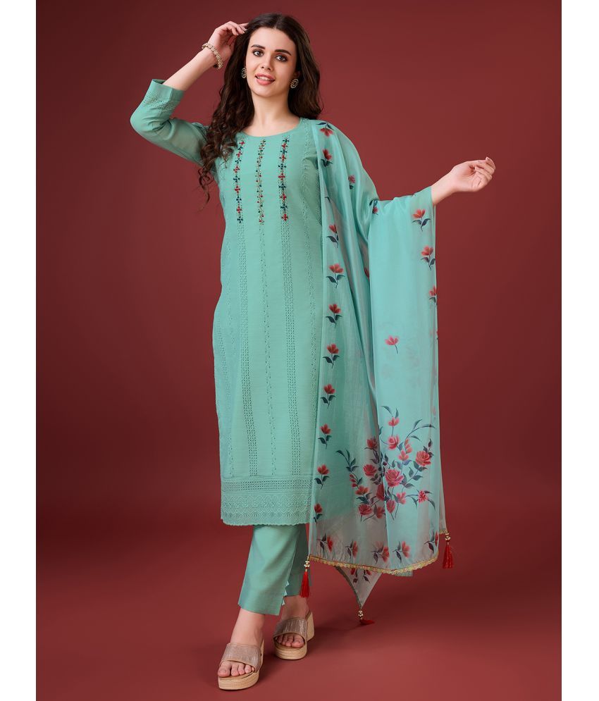     			MOJILAA Chanderi Embroidered Kurti With Pants Women's Stitched Salwar Suit - Sea Green ( Pack of 1 )