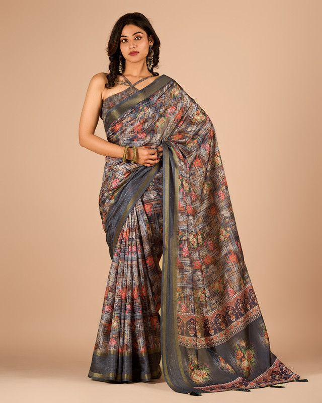     			Sitanjali Cotton Blend Printed Saree With Blouse Piece - Grey ( Pack of 1 )