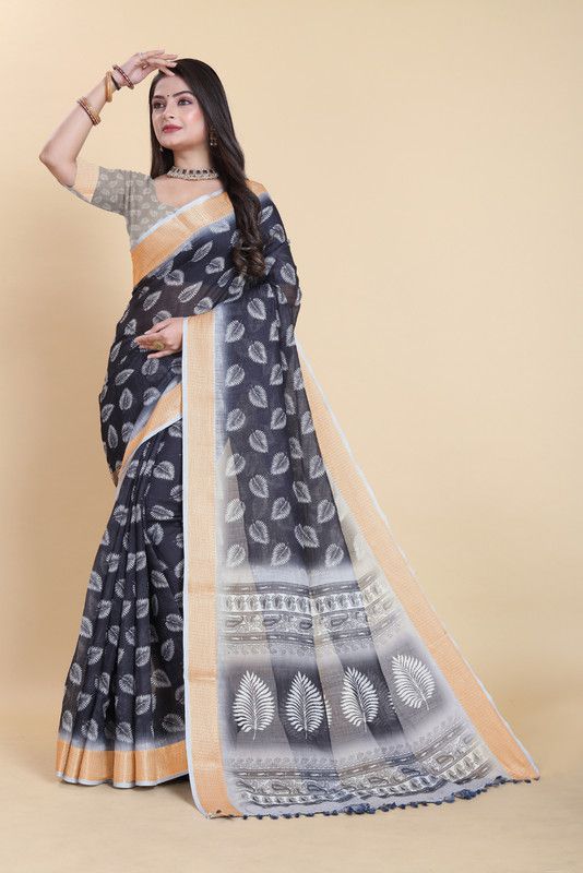     			Sitanjali Linen Printed Saree With Blouse Piece - White ( Pack of 1 )