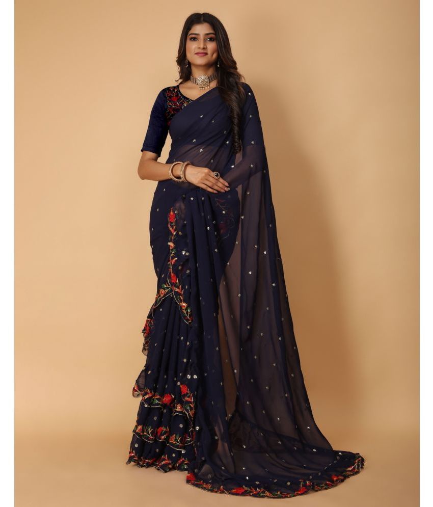     			A.G.M.G FASHION Georgette Embroidered Saree With Blouse Piece - Navy Blue ( Pack of 1 )