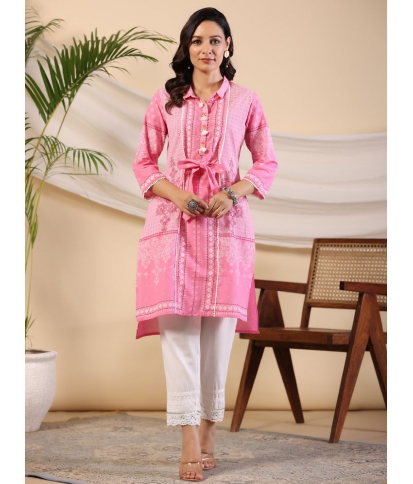     			Juniper Cotton Printed Shirt Style Women's Kurti - Pink ( Pack of 1 )