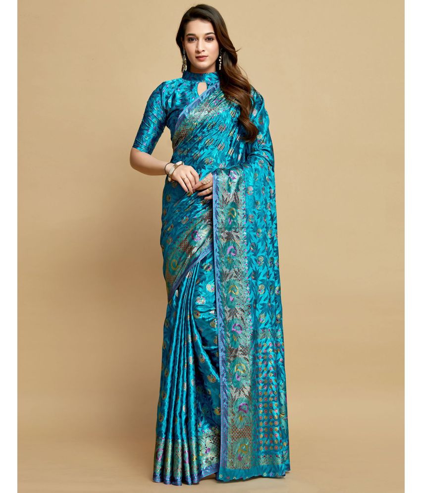     			Satrani Silk Printed Saree With Blouse Piece - SkyBlue ( Pack of 1 )