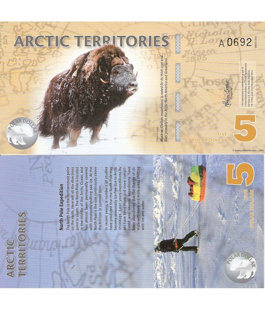     			Extremely Rare Arctic Territories 5 Polar Dollars Polymer Fantasy Note Top Grade Gem UNC