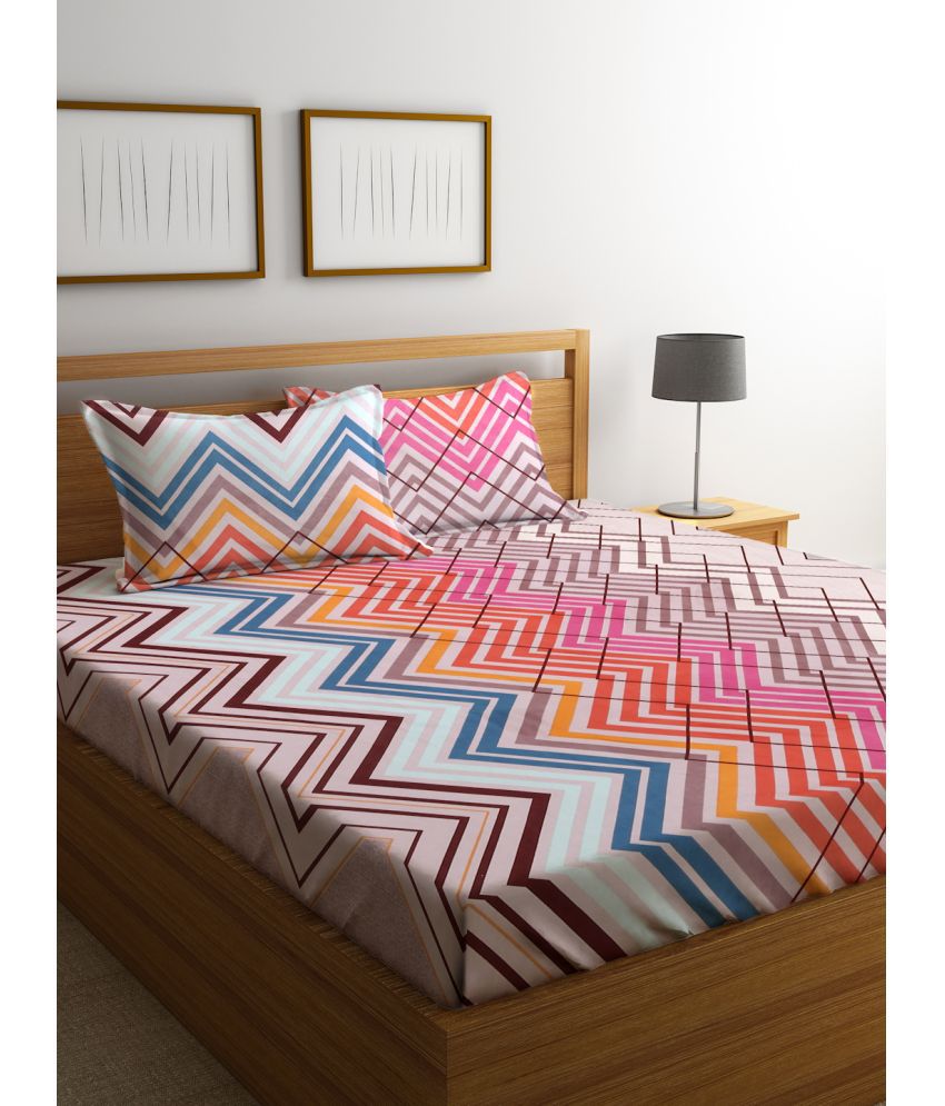     			FABINALIV Poly Cotton Colorblock 1 Double King Size Bedsheet with 2 Pillow Covers - Multicolor