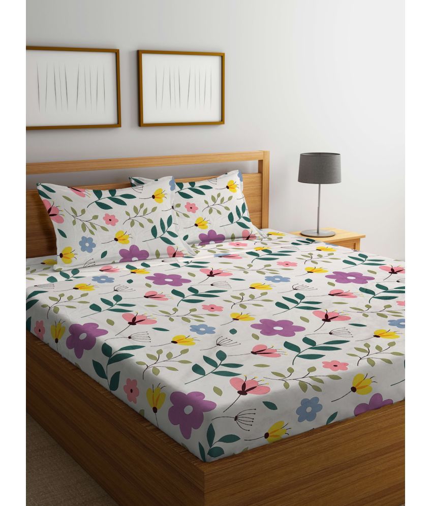     			FABINALIV Poly Cotton Floral 1 Double King Size Bedsheet with 2 Pillow Covers - White