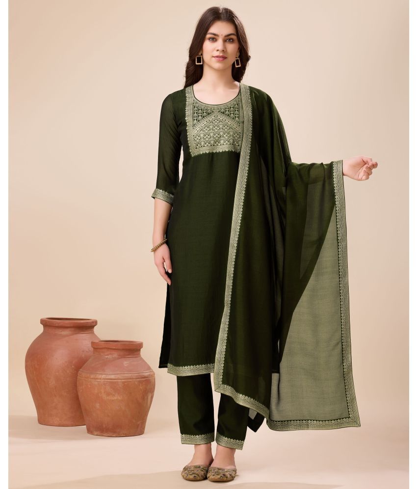     			MOJILAA Silk Self Design Kurti With Pants Women's Stitched Salwar Suit - Olive ( Pack of 1 )