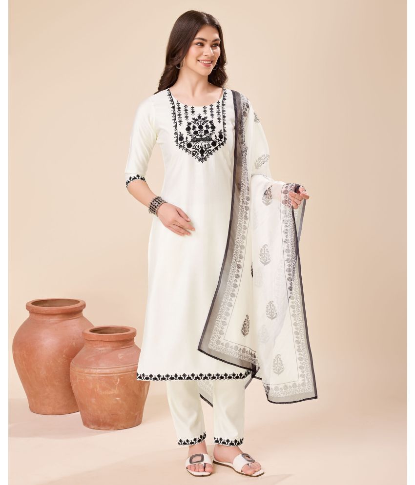     			MOJILAA Viscose Embroidered Kurti With Pants Women's Stitched Salwar Suit - White ( Pack of 1 )