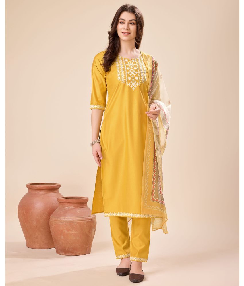     			MOJILAA Viscose Embroidered Kurti With Pants Women's Stitched Salwar Suit - Mustard ( Pack of 1 )