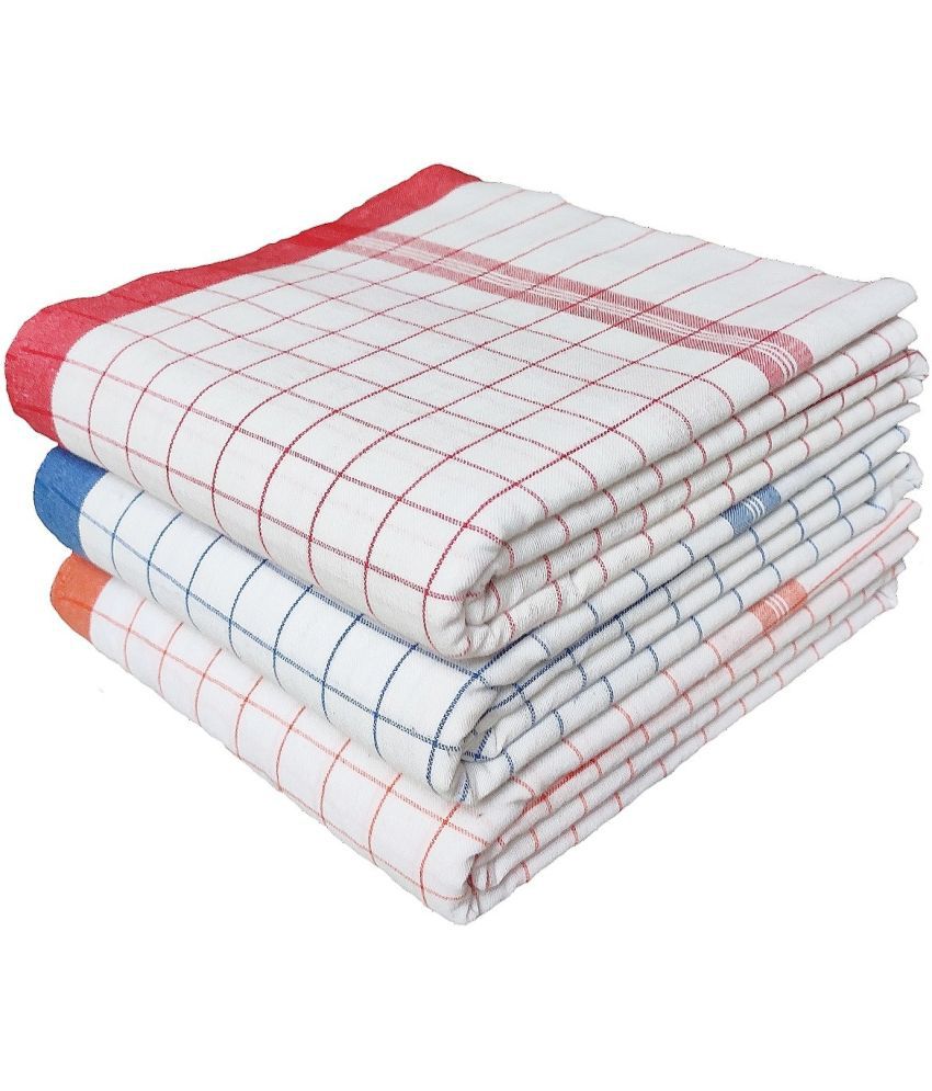     			Mk weaves Cotton Checks 350 -GSM Bath Towel ( Pack of 3 ) - White