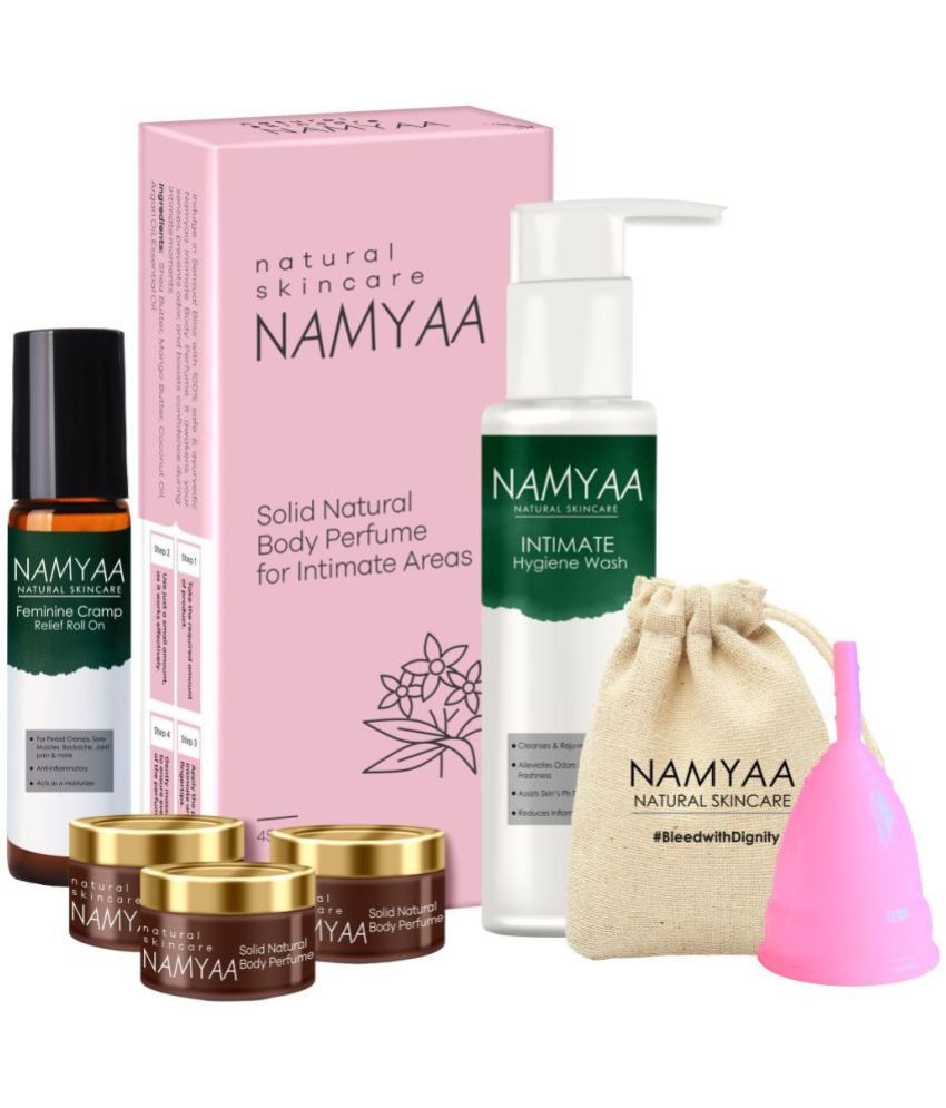     			Namyaa Period Care Kit- Feminine Cramp Roll on, Intimate wash, Solid Body Perfumes, Menstrual  (Medium) Cup