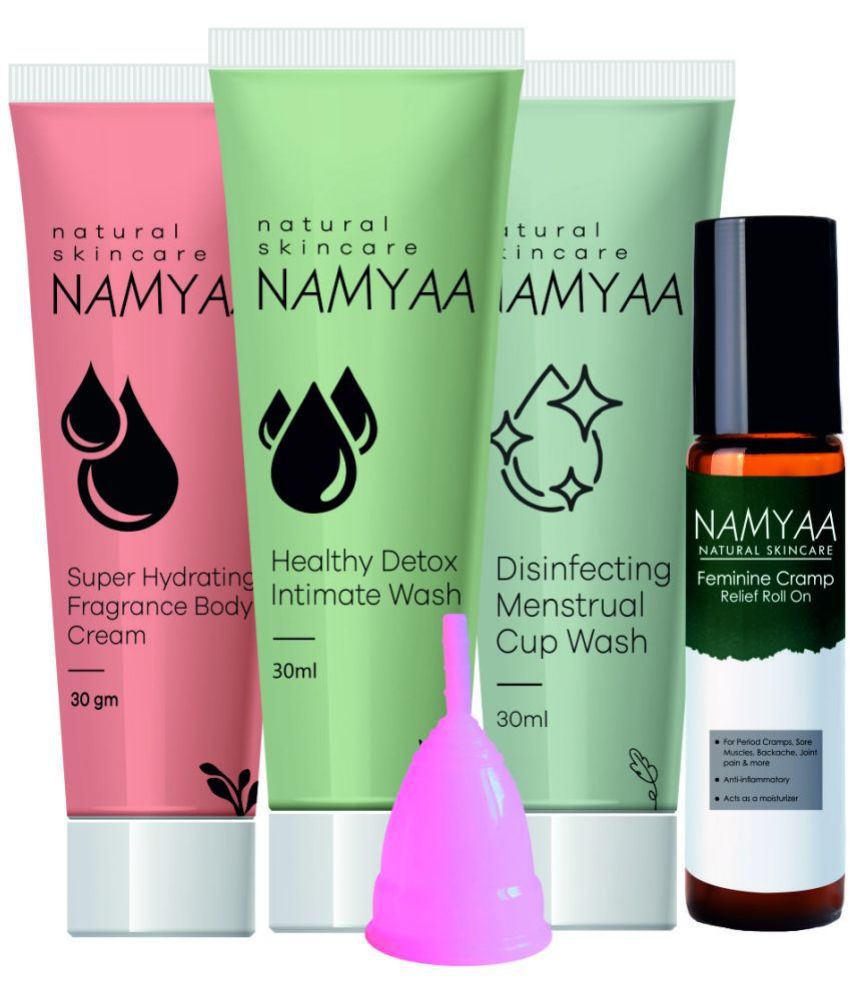     			Namyaa Travel Period Care Kit | Combo Pack of Ultra Soft Menstrual (Small) Cup, Cup Wash, Intimate Wash, Period Cramp Roll On & Super Hydrating Fragrance Body Cream