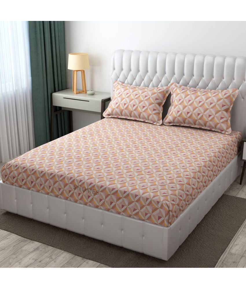     			SHOMES Cotton Geometric Fitted 1 Bedsheet with 2 Pillow Covers ( Double Bed ) - Orange