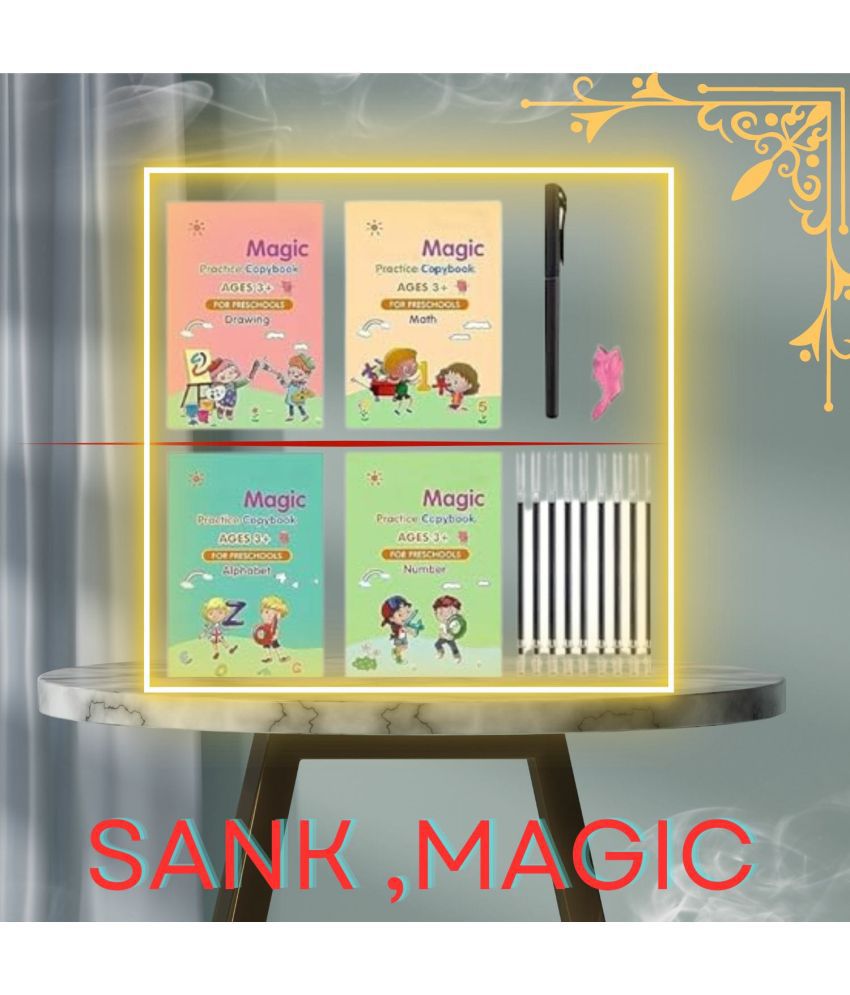     			Sank Magic Practice Copybook, (4 BOOK + 10 REFILL+ 2 Pen +2 Grip) Number Tracing Book for Preschoolers with Pen, Magic Calligraphy Copybook Set Practical Reusable Writing Tool Simple Hand Lettering