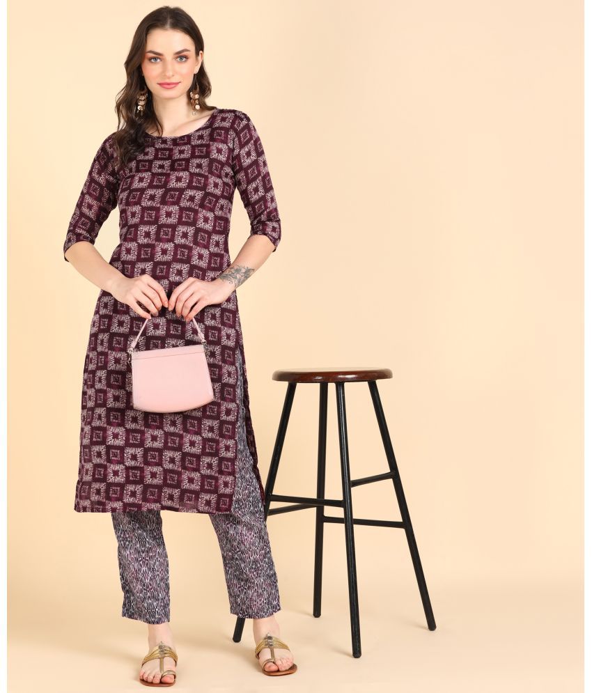     			DSK STUDIO Cotton Blend Printed Kurti With Pants Women's Stitched Salwar Suit - Wine ( Pack of 1 )