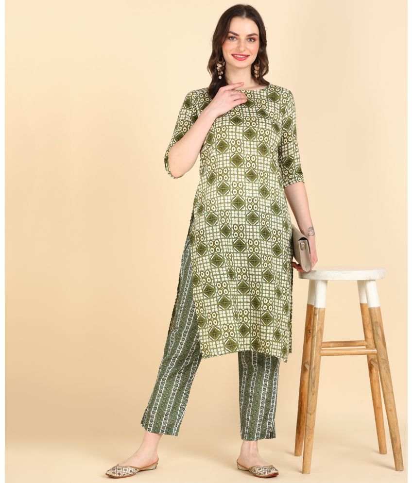     			DSK STUDIO Cotton Blend Printed Kurti With Pants Women's Stitched Salwar Suit - Olive ( Pack of 1 )