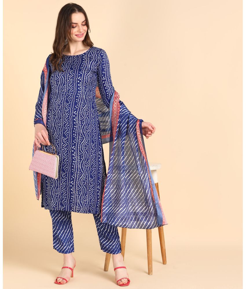     			DSK STUDIO Cotton Blend Printed Kurti With Pants Women's Stitched Salwar Suit - Blue ( Pack of 1 )