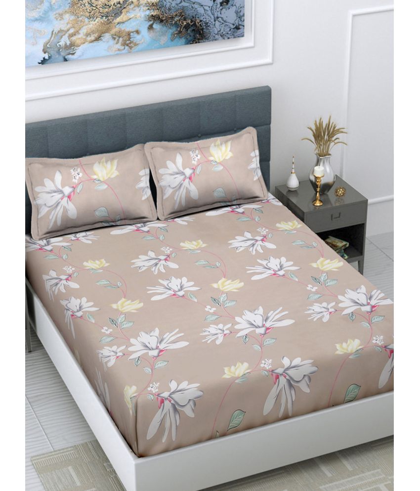     			FABINALIV Poly Cotton Floral 1 Double King Size Bedsheet with 2 Pillow Covers - Beige