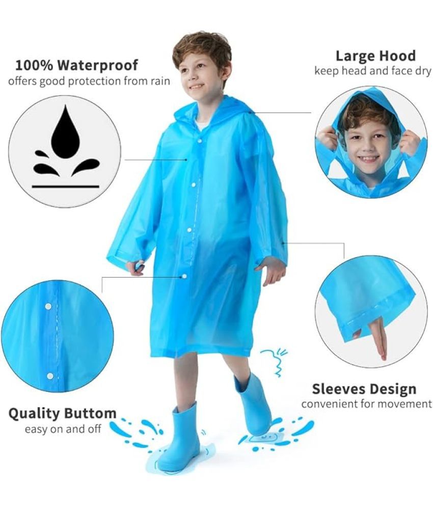     			INFISPACE Kid's Reusable EVA Rain Poncho Raincoat| Rain Jackets Long with Hood Eva Boys Blue D Color Raincoat pack of 1-13 - 14 Years