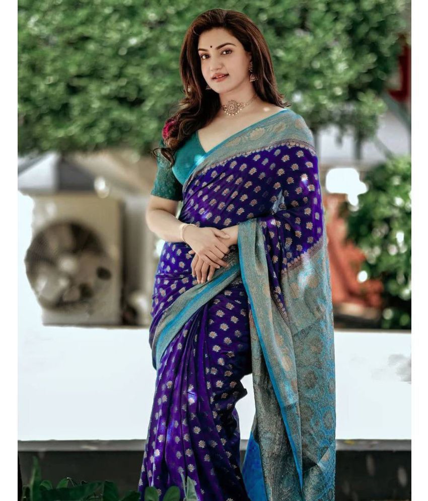     			Satrani Art Silk Printed Saree With Blouse Piece - Blue ( Pack of 1 )
