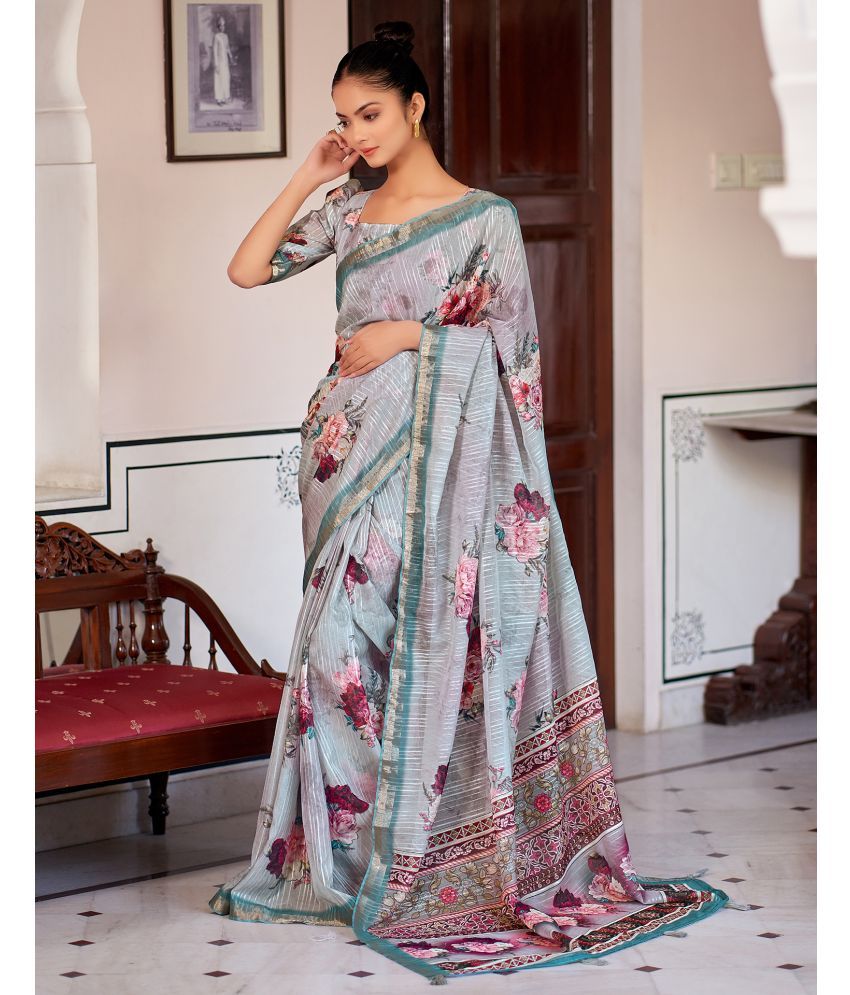     			Satrani Cotton Printed Saree With Blouse Piece - Light Grey ( Pack of 1 )