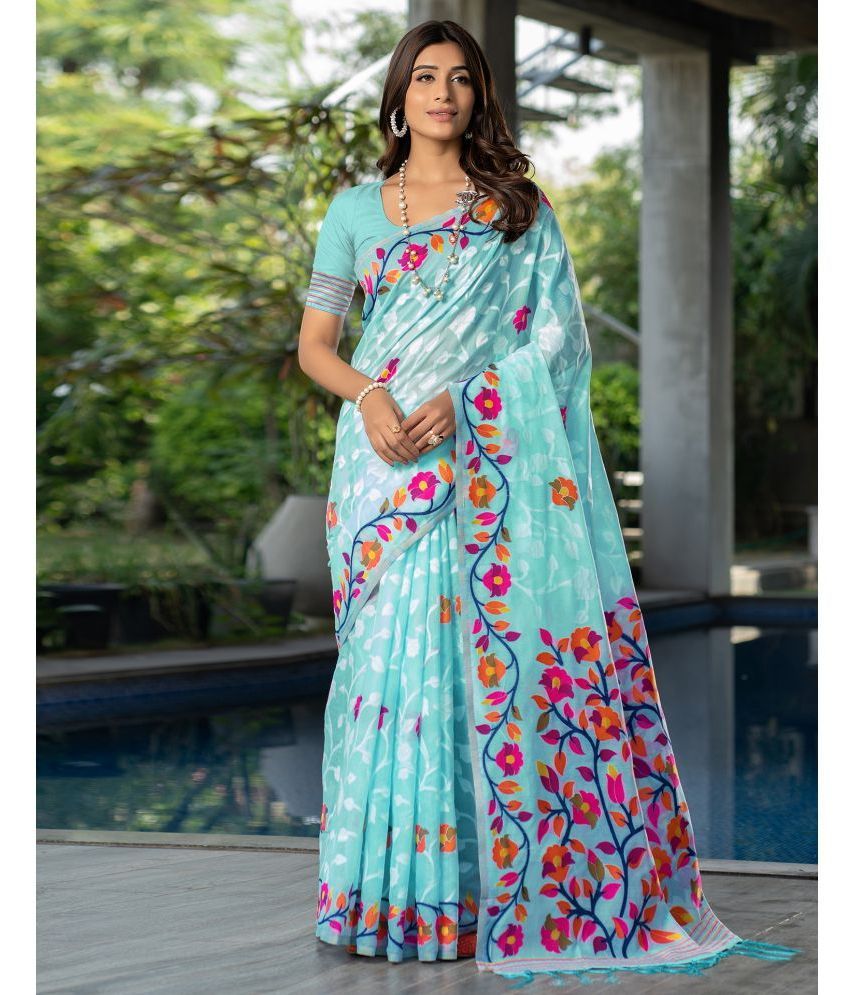     			Satrani Cotton Printed Saree With Blouse Piece - SkyBlue ( Pack of 1 )