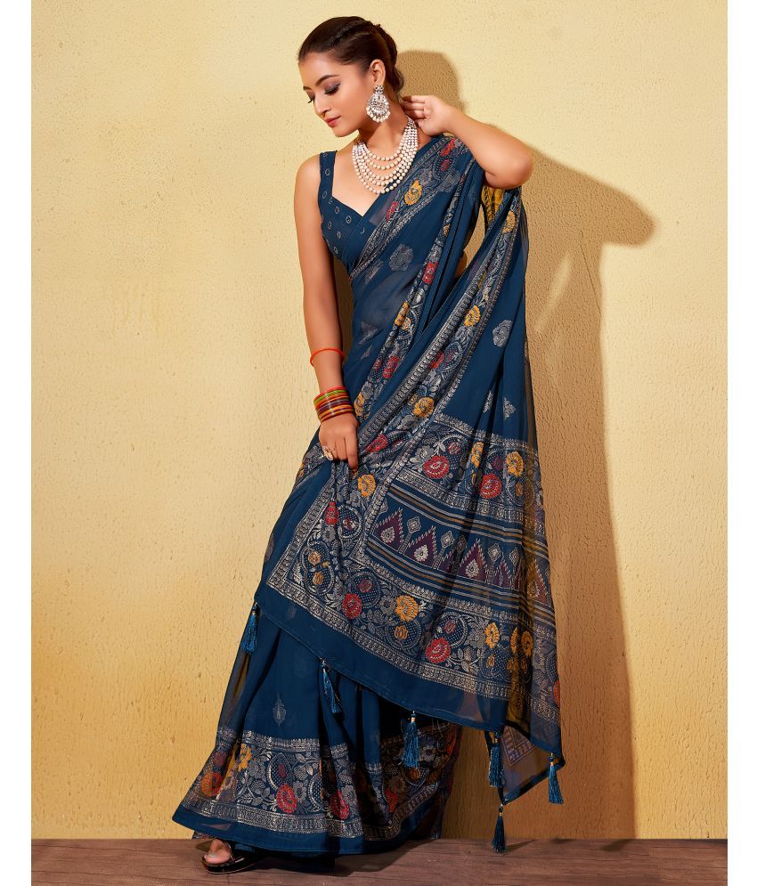     			Satrani Georgette Printed Saree With Blouse Piece - Navy Blue ( Pack of 1 )