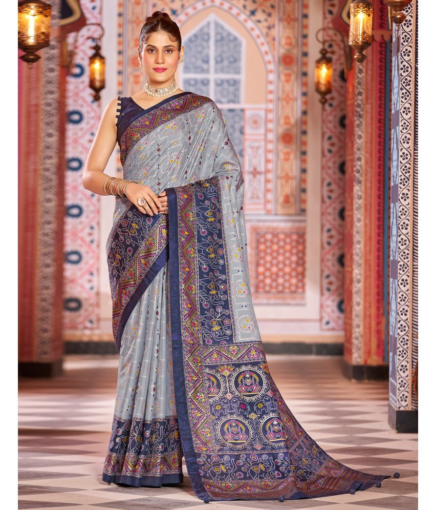     			Satrani Silk Printed Saree With Blouse Piece - Grey ( Pack of 1 )