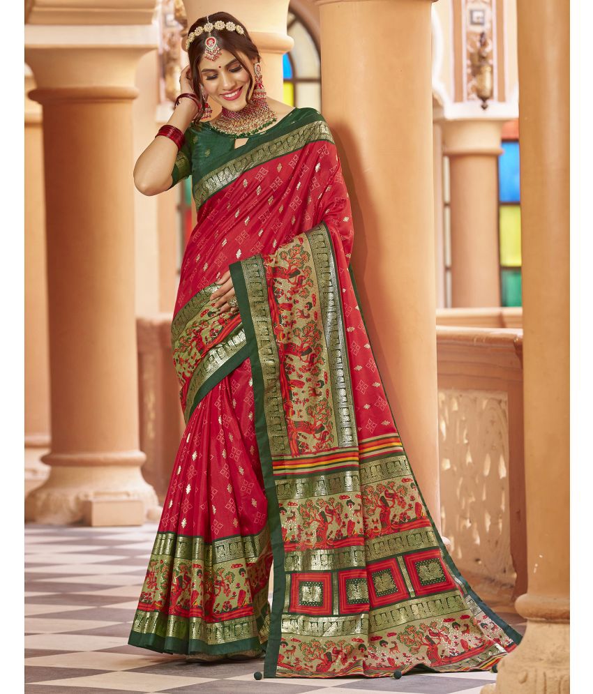     			Satrani Silk Printed Saree With Blouse Piece - Red ( Pack of 1 )