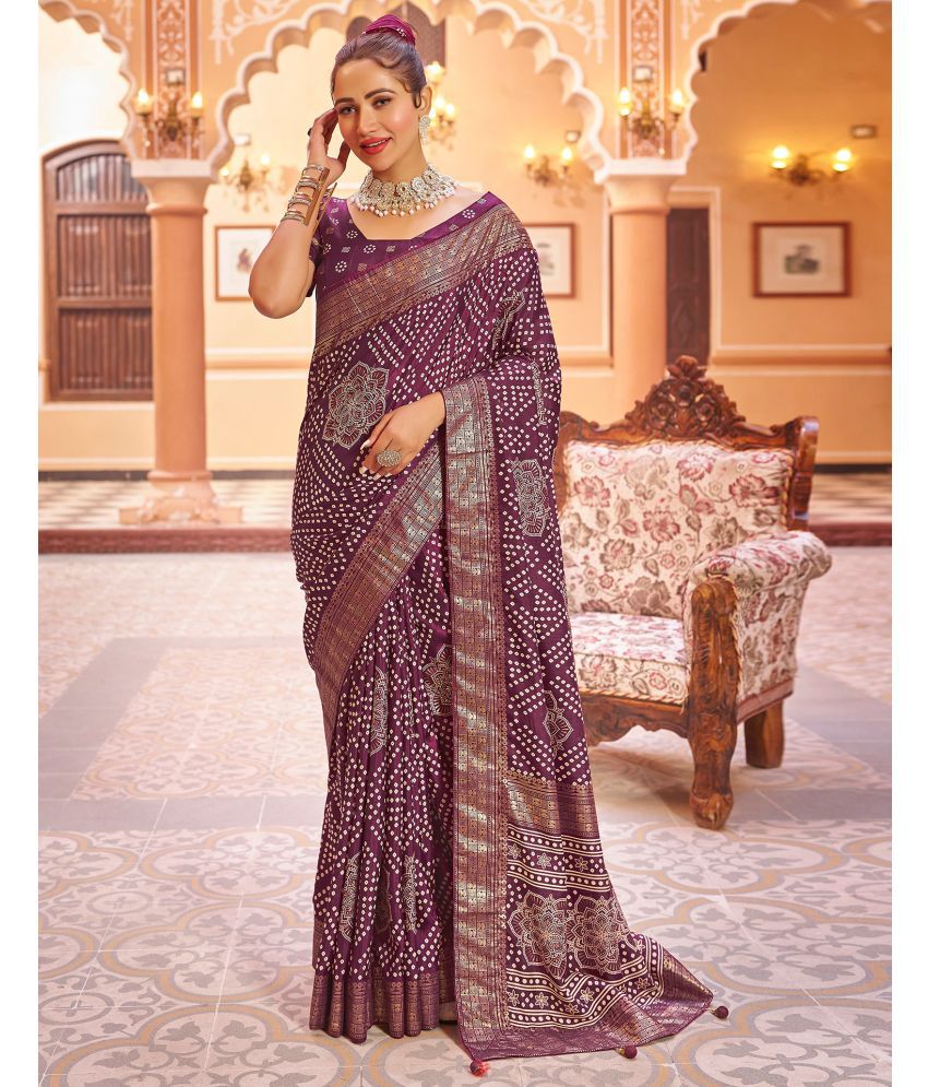     			Satrani Silk Printed Saree With Blouse Piece - Purple ( Pack of 1 )