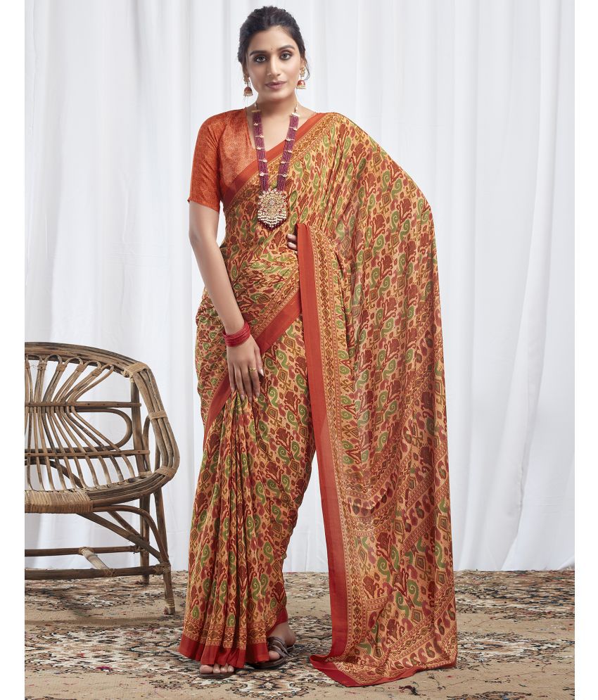     			Satrani Silk Printed Saree With Blouse Piece - Rust ( Pack of 1 )