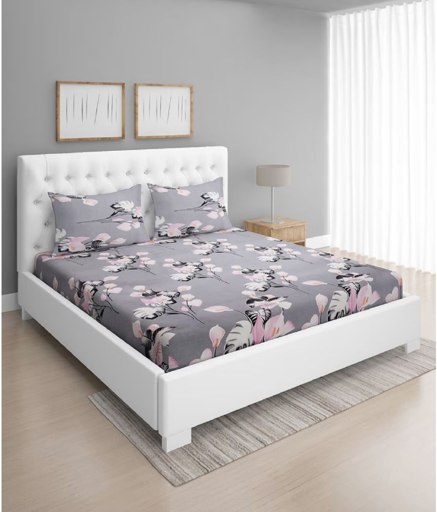     			Shaphio Microfiber Floral 1 Double Bedsheet with 2 Pillow Covers - Grey