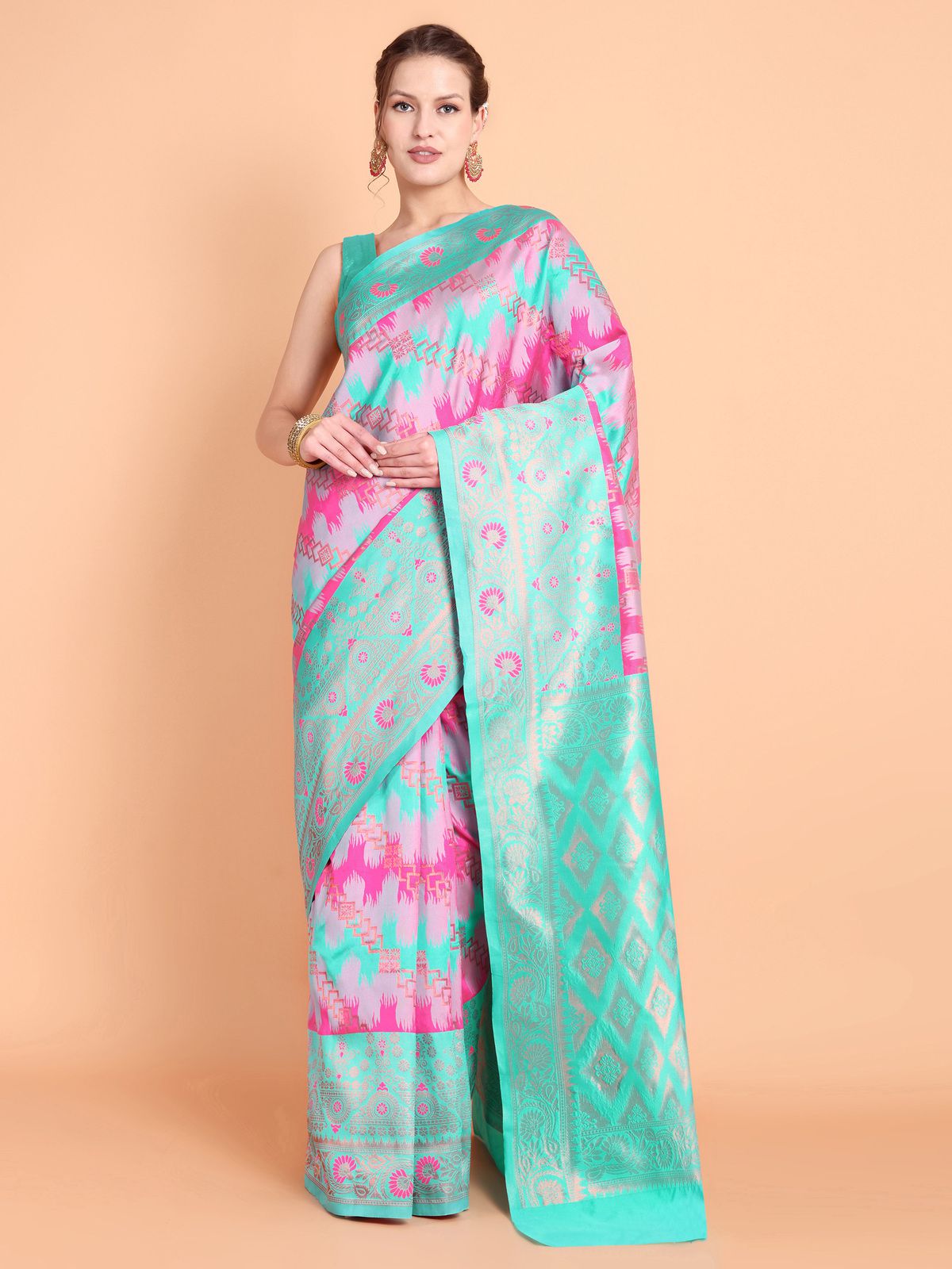     			Taslar Silk Blend Embellished Saree With Blouse Piece - Pink ( Pack of 1 )