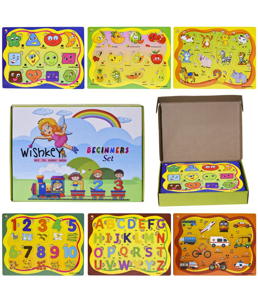     			WISHKEY Wooden Educational Colorful Fruits, Numbers, Geometric Shapes, Animals, Vehicles, Alphabet Puzzle Board for Preschool Toddler Kids 3 Years & Above (Pack of 6, Multicolor)