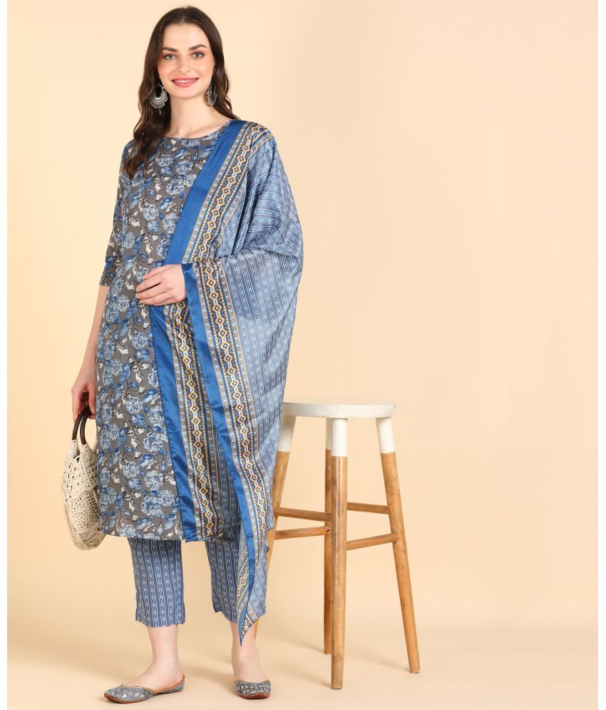     			DSK STUDIO Cotton Blend Printed Kurti With Pants Women's Stitched Salwar Suit - Blue ( Pack of 1 )