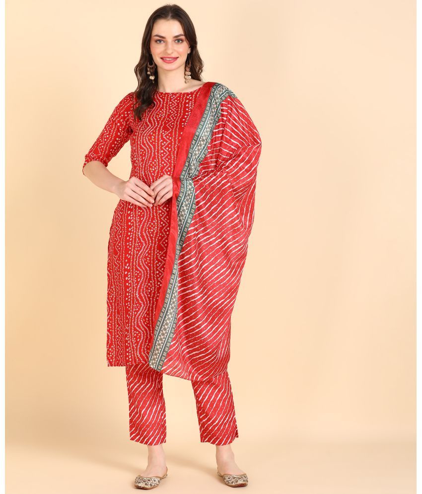     			DSK STUDIO Cotton Blend Printed Kurti With Pants Women's Stitched Salwar Suit - Red ( Pack of 1 )