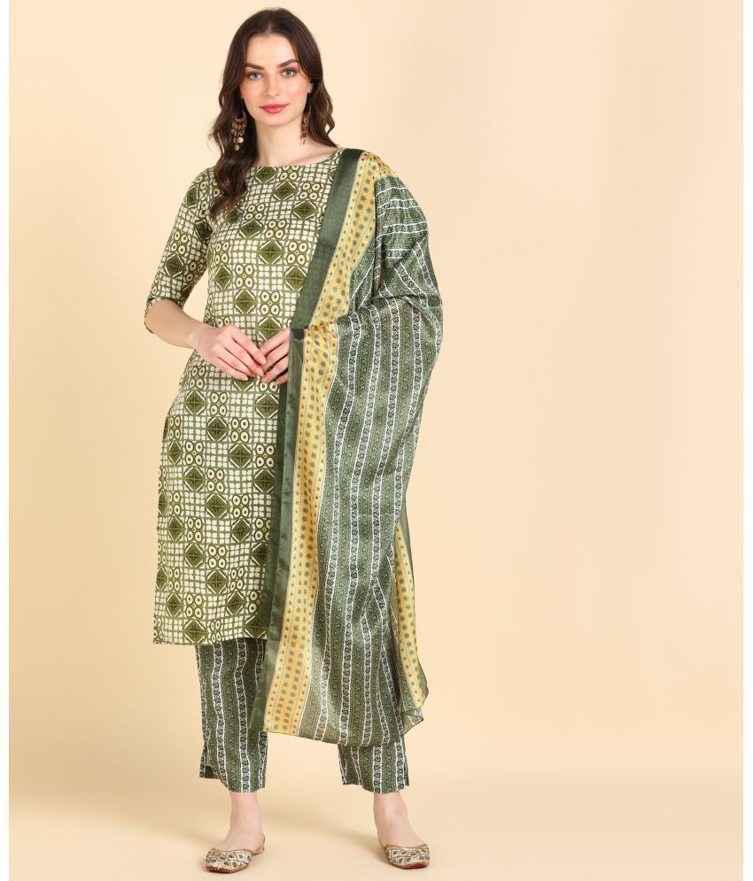     			DSK STUDIO Cotton Blend Printed Kurti With Pants Women's Stitched Salwar Suit - Olive ( Pack of 1 )