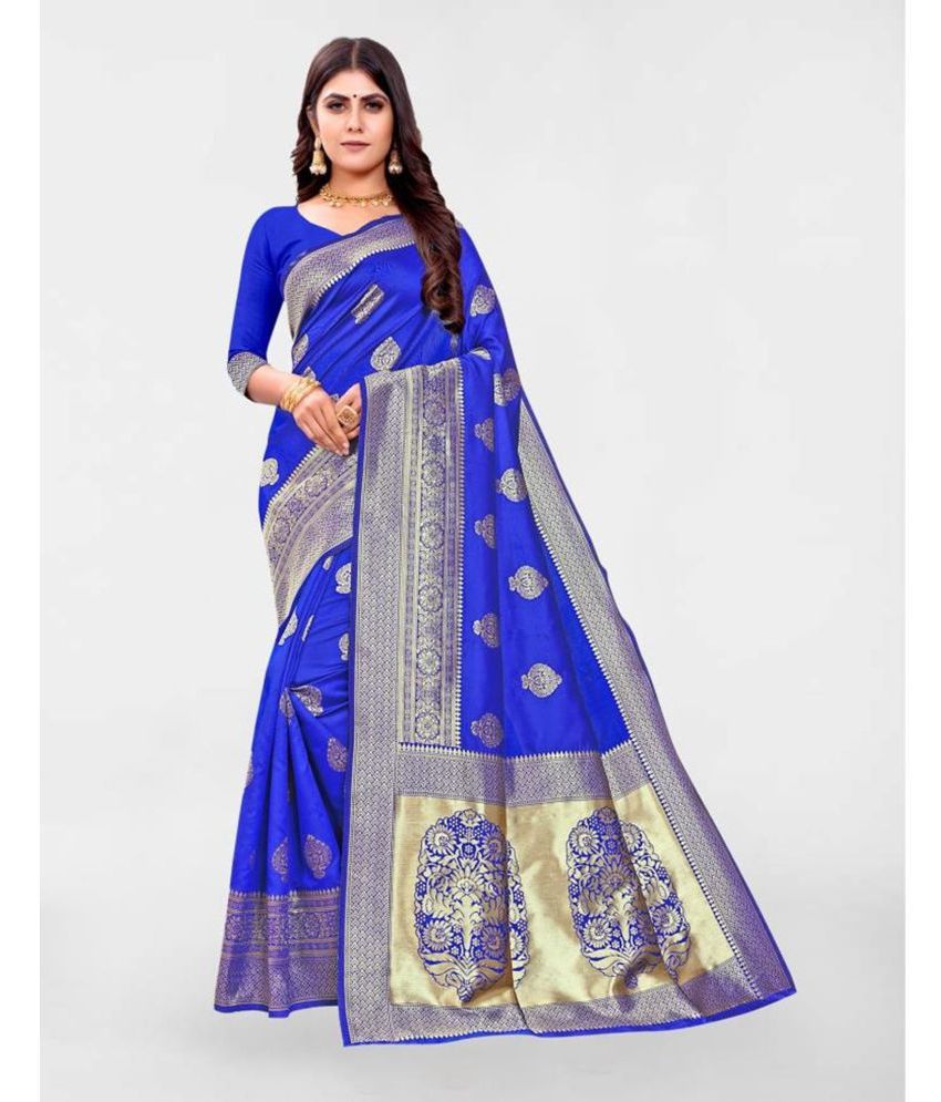     			Samah Art Silk Woven Saree With Blouse Piece - Blue ( Pack of 1 )