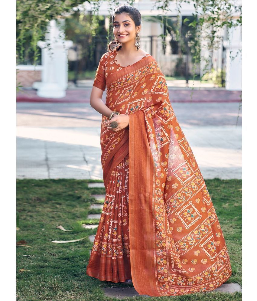     			Samah Silk Printed Saree With Blouse Piece - Rust ( Pack of 1 )