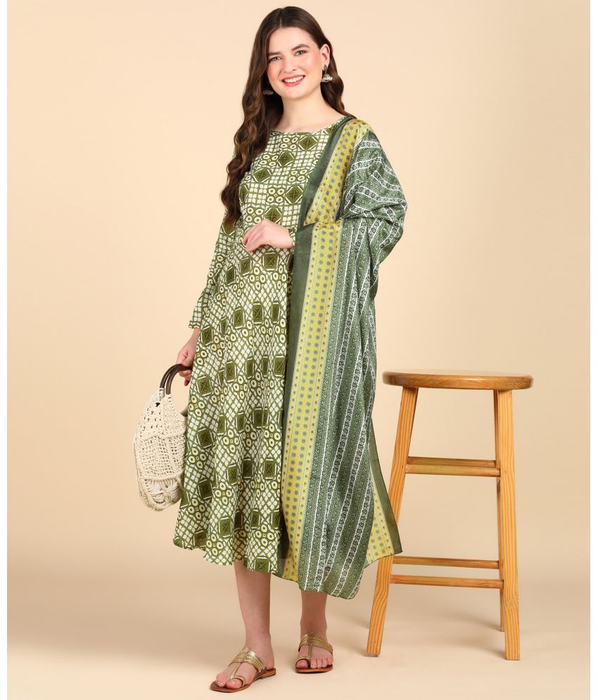     			DSK STUDIO Cotton Blend Printed Anarkali Women's Kurti with Dupatta - Olive ( Pack of 1 )