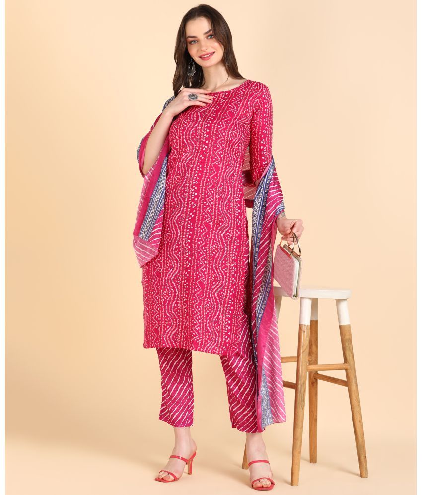     			Hiva Trendz Cotton Blend Printed Kurti With Pants Women's Stitched Salwar Suit - Pink ( Pack of 1 )